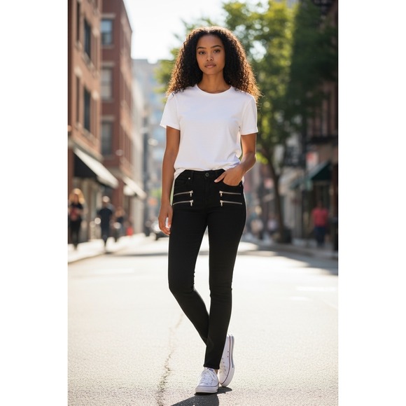 PAIGE Denim - Paige Black Skinny Jeans Women Size 26 Double Zipper Accents Stretch Denim